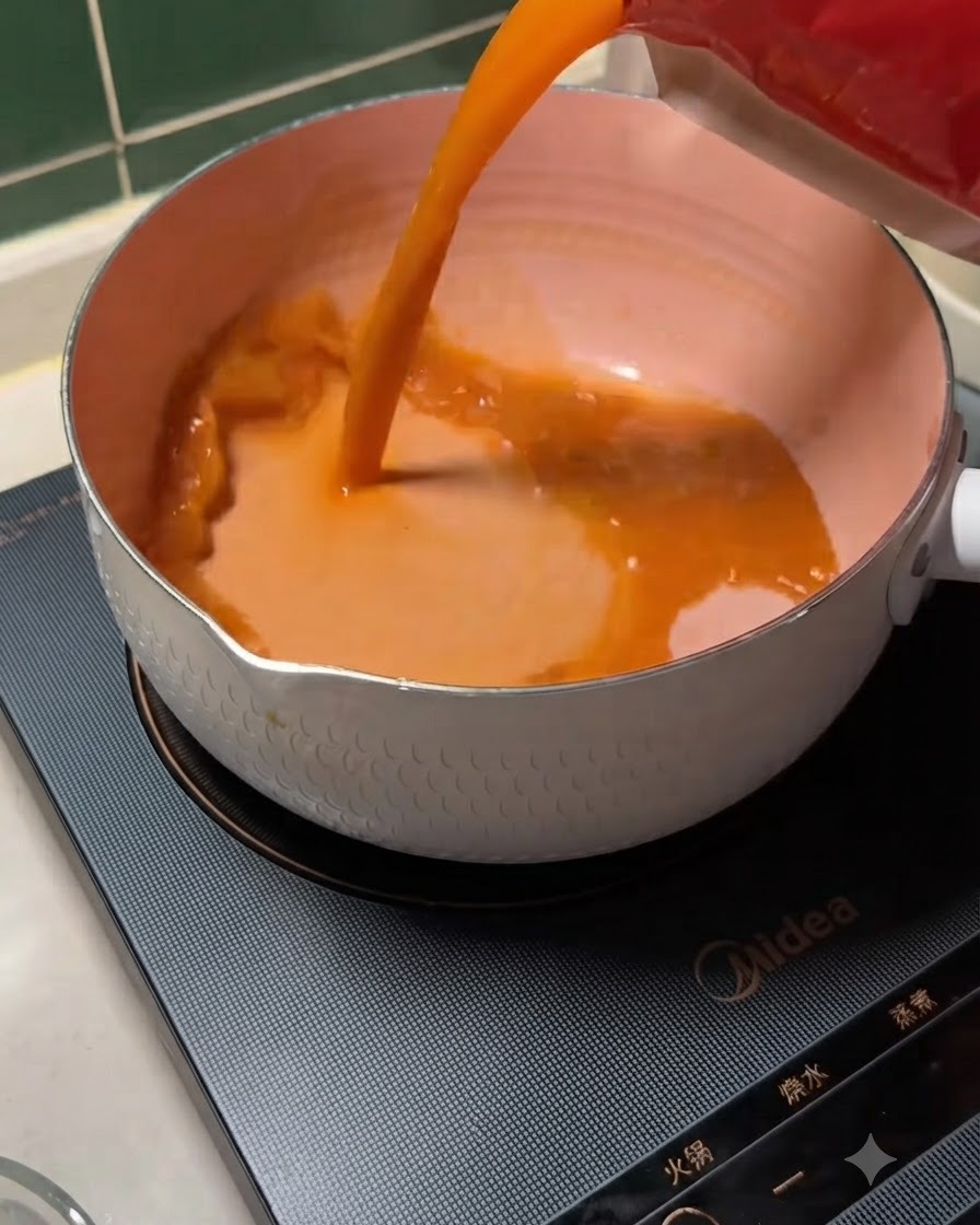 Red package pouring thick orange Japanese spicy miso soup base into a white pot on a black induction burner.