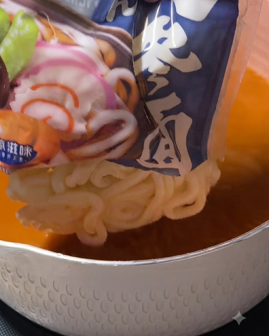 A block of white udon noodles being dropped from a blue package into the orange soup broth inside a white pot.