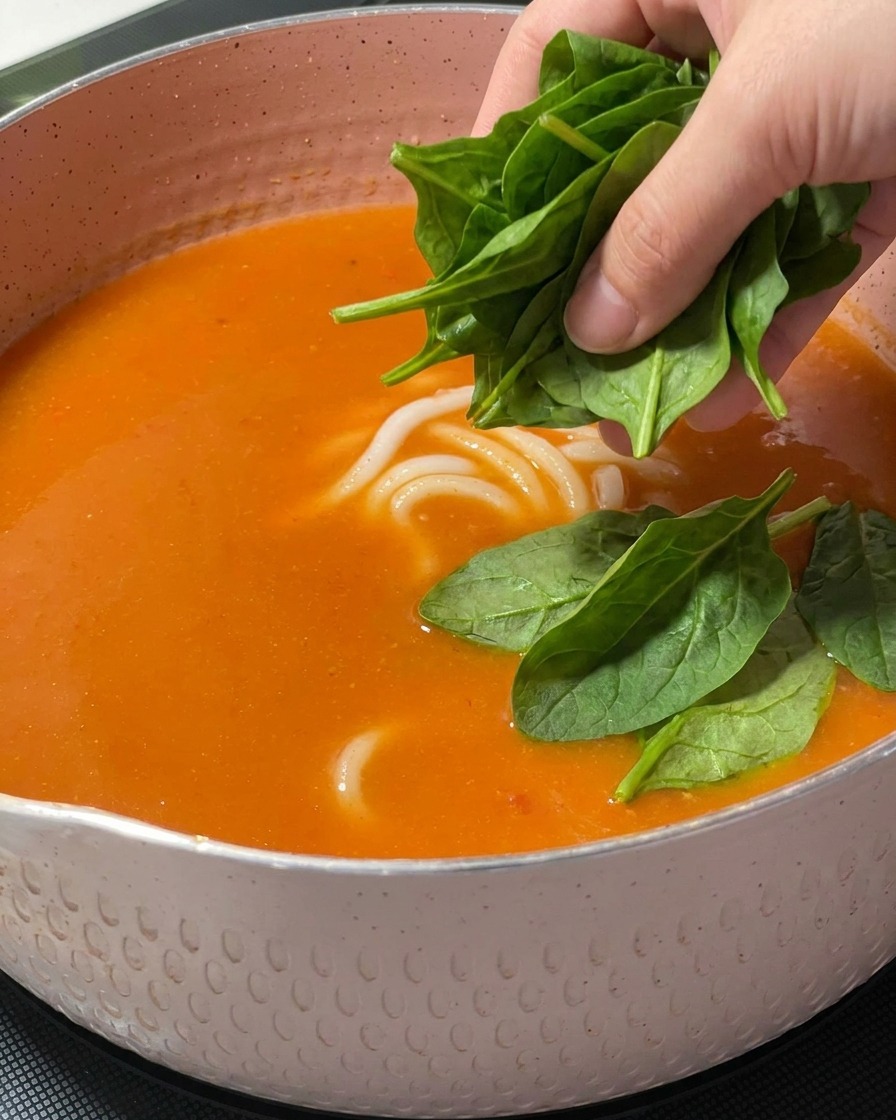 Fresh green spinach leaves being added by hand into a pot of orange spicy miso soup with udon noodles.