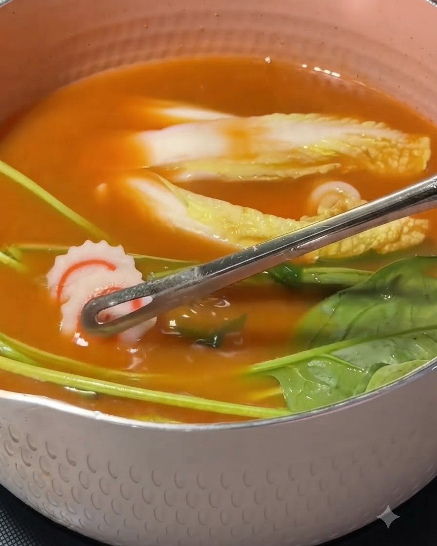 Tongs placing sliced spiral naruto fish cakes into a pot filled with broth, napa cabbage, and spinach.