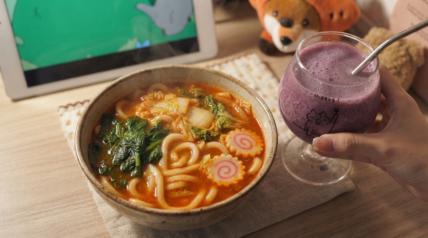 A steaming bowl of spicy miso udon noodles with fresh greens and naruto fish cakes, served alongside a creamy purple grape milk drink.