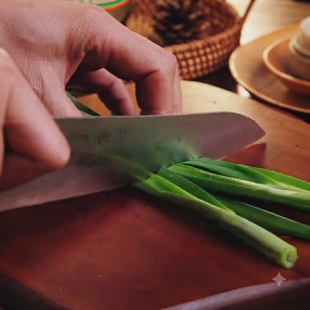 Cutting green chives into small pieces on a wooden cutting board with a kitchen knife.