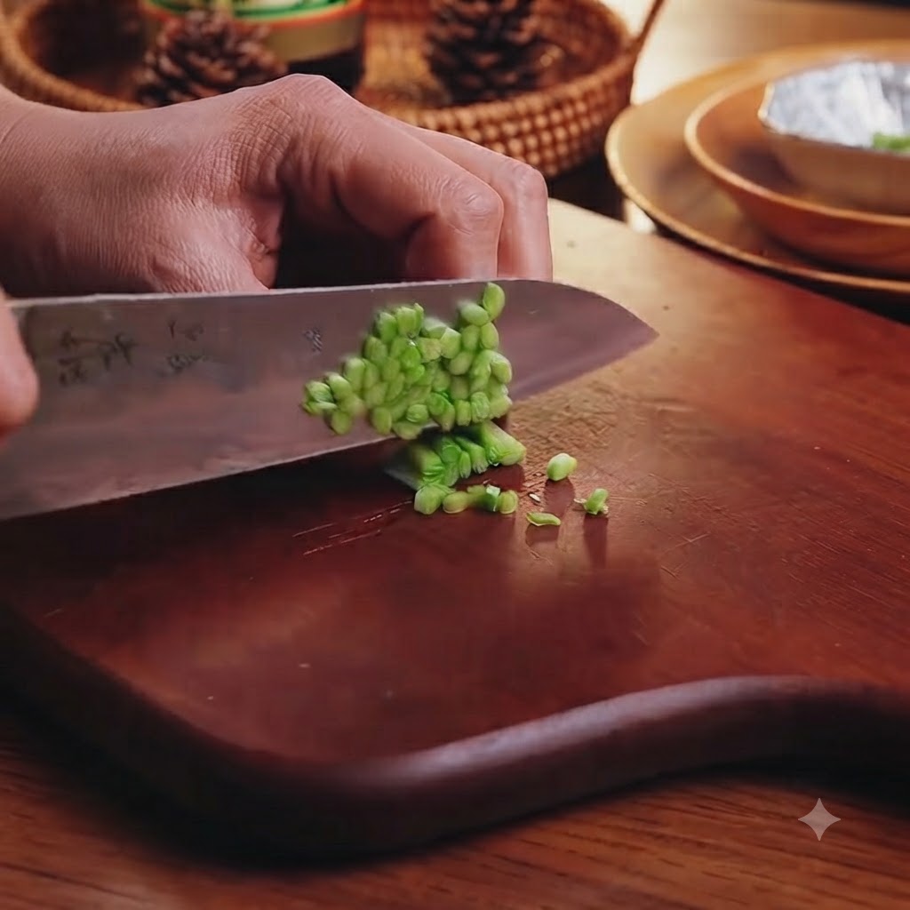 White onion pieces being chopped finely on a wooden cutting board.