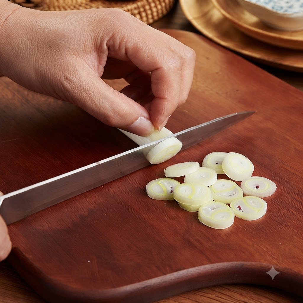 Thin scallion rounds and minced garlic arranged on a wooden cutting board.