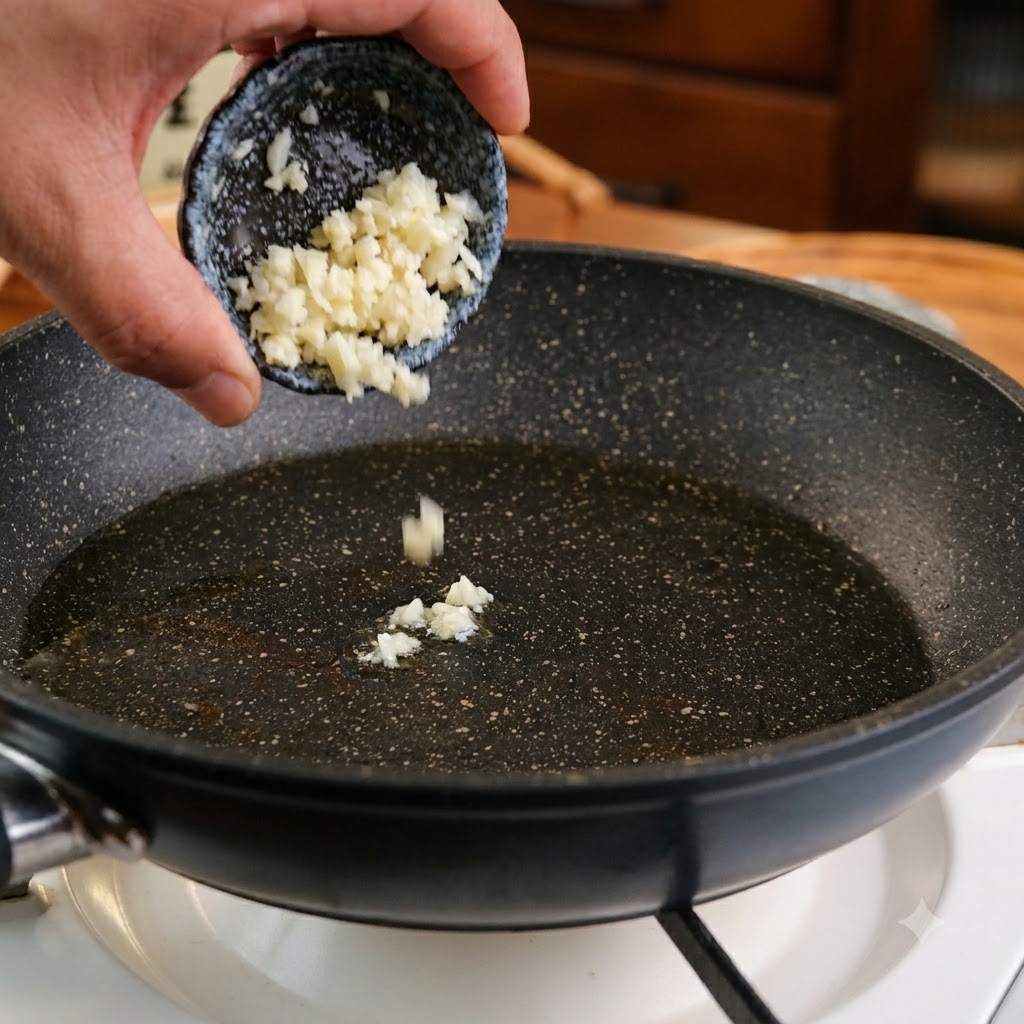 Minced garlic being poured from a small dark bowl into a frying pan with oil.