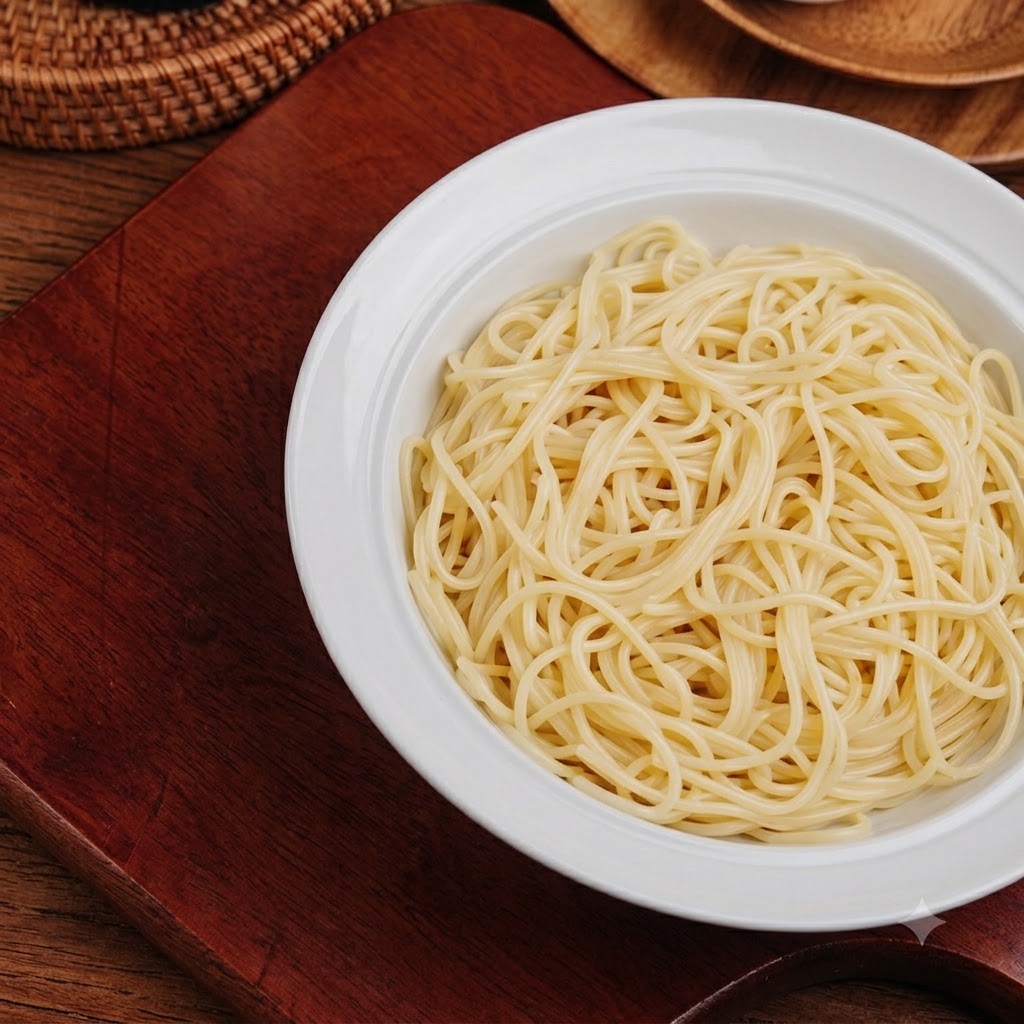 Cooked noodles sitting inside a white bowl ready to be tossed with oil.