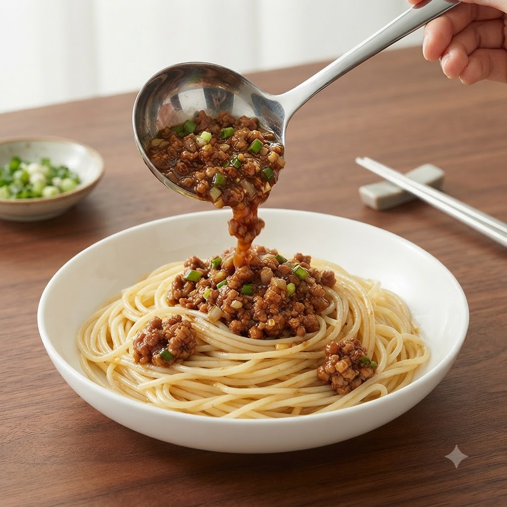 A ladle pouring rich brown meat sauce onto a bed of noodles in a white serving bowl.