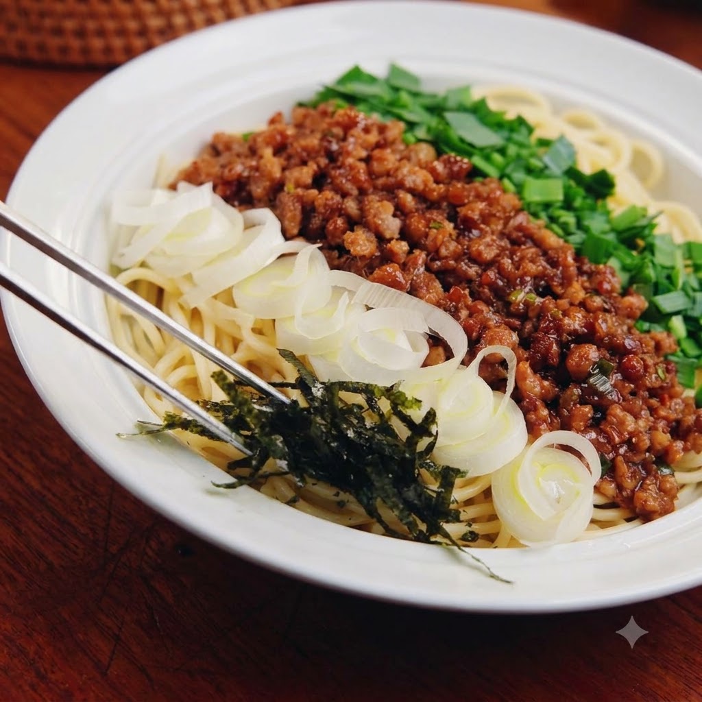 A bowl of noodles and meat sauce being garnished with sliced green onions, white onions, and nori.