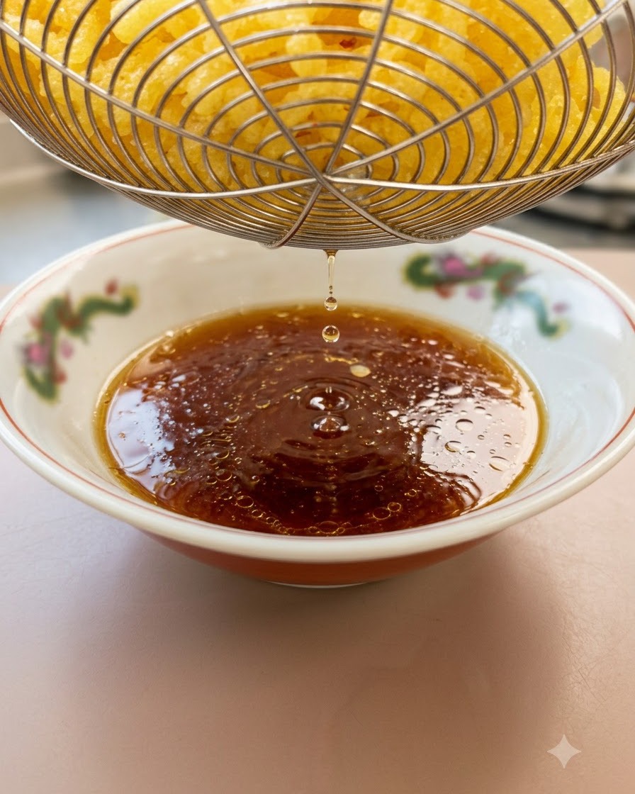 Thick yellow ramen noodles being lifted from a strainer and dripping water into a patterned bowl filled with sauce.