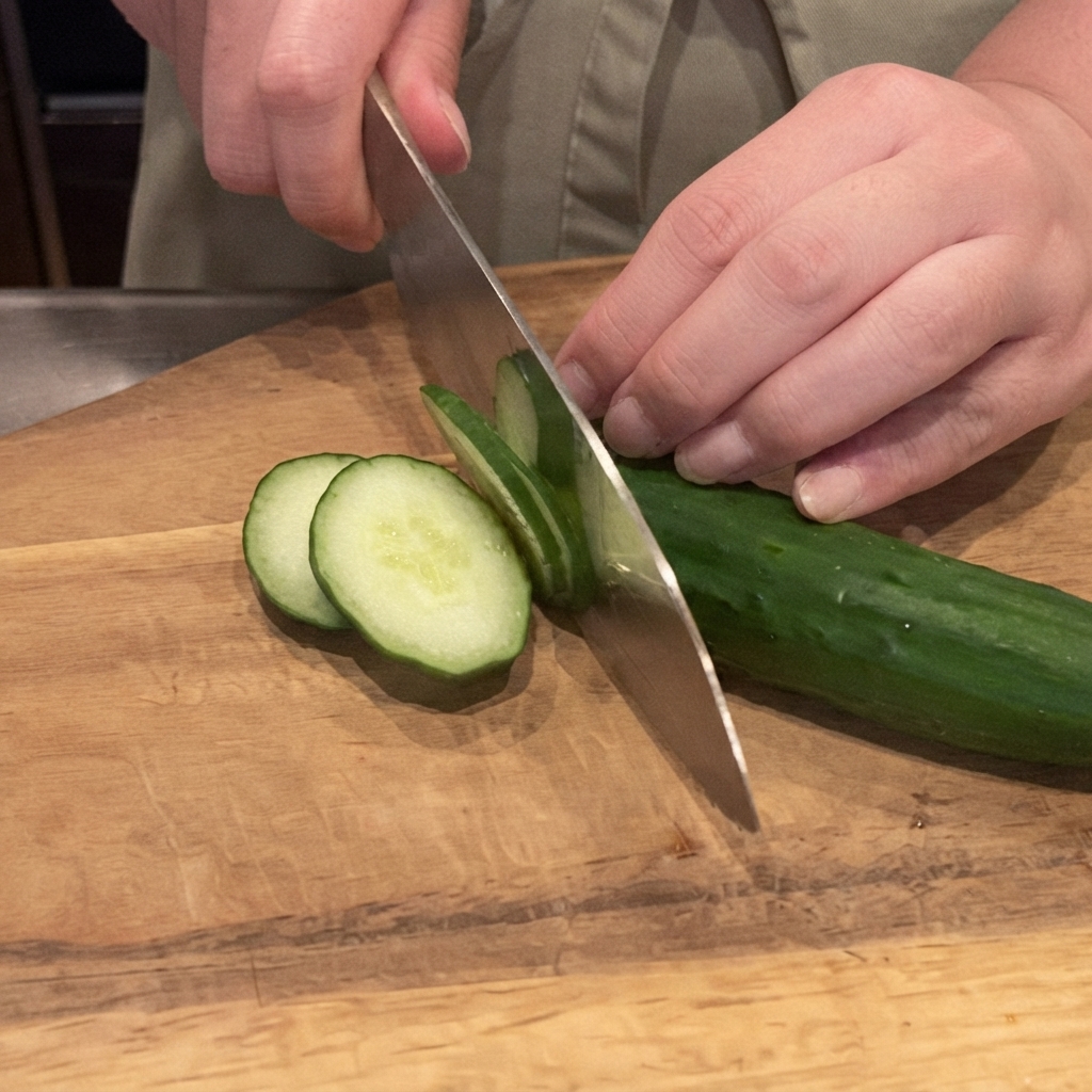 A sharp knife slicing a fresh green cucumber into thin rounds on a wooden cutting board.