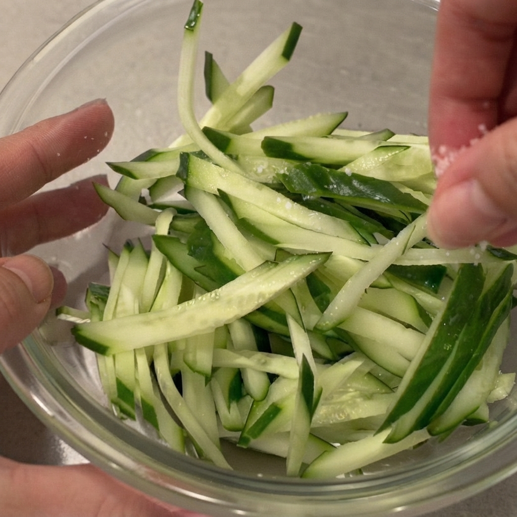 Hands sprinkling coarse salt over a bowl of freshly shredded green cucumber strips.