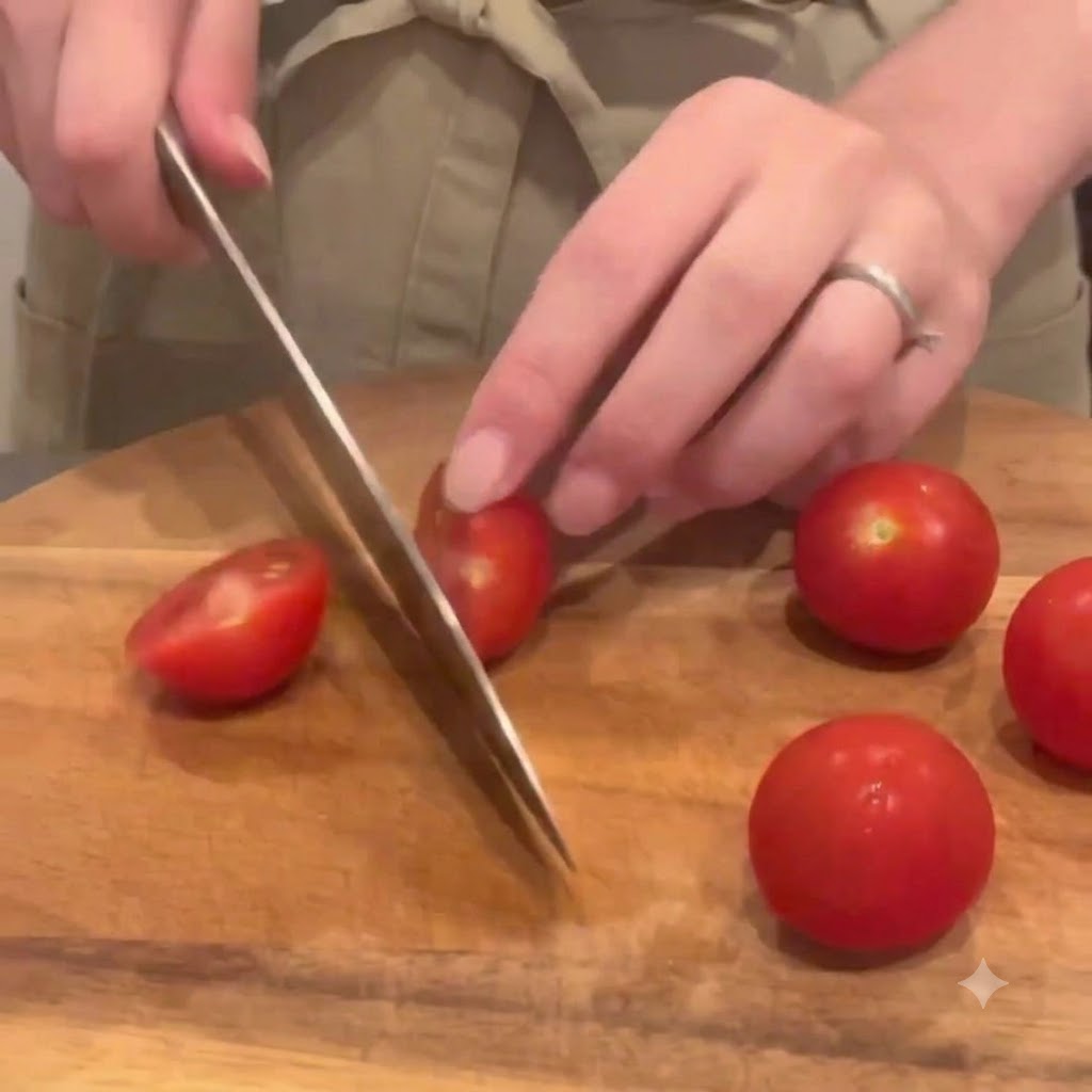 Fresh red cherry tomatoes being halved with a knife on a wooden cutting board.