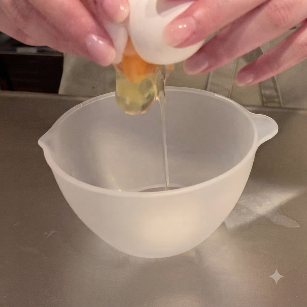 An egg being cracked open, with the yolk and white dropping into an empty mixing bowl.
