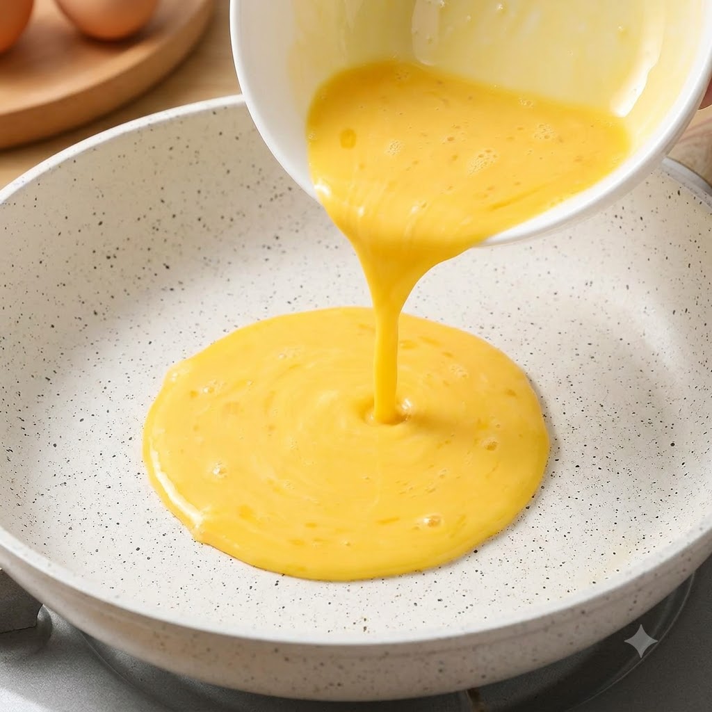 Beaten yellow egg mixture being poured from a bowl into a hot, speckled non-stick frying pan.