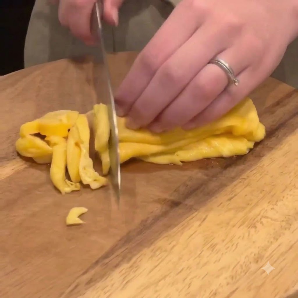 An egg omelet being sliced into thin strips with a knife on a wooden cutting board.