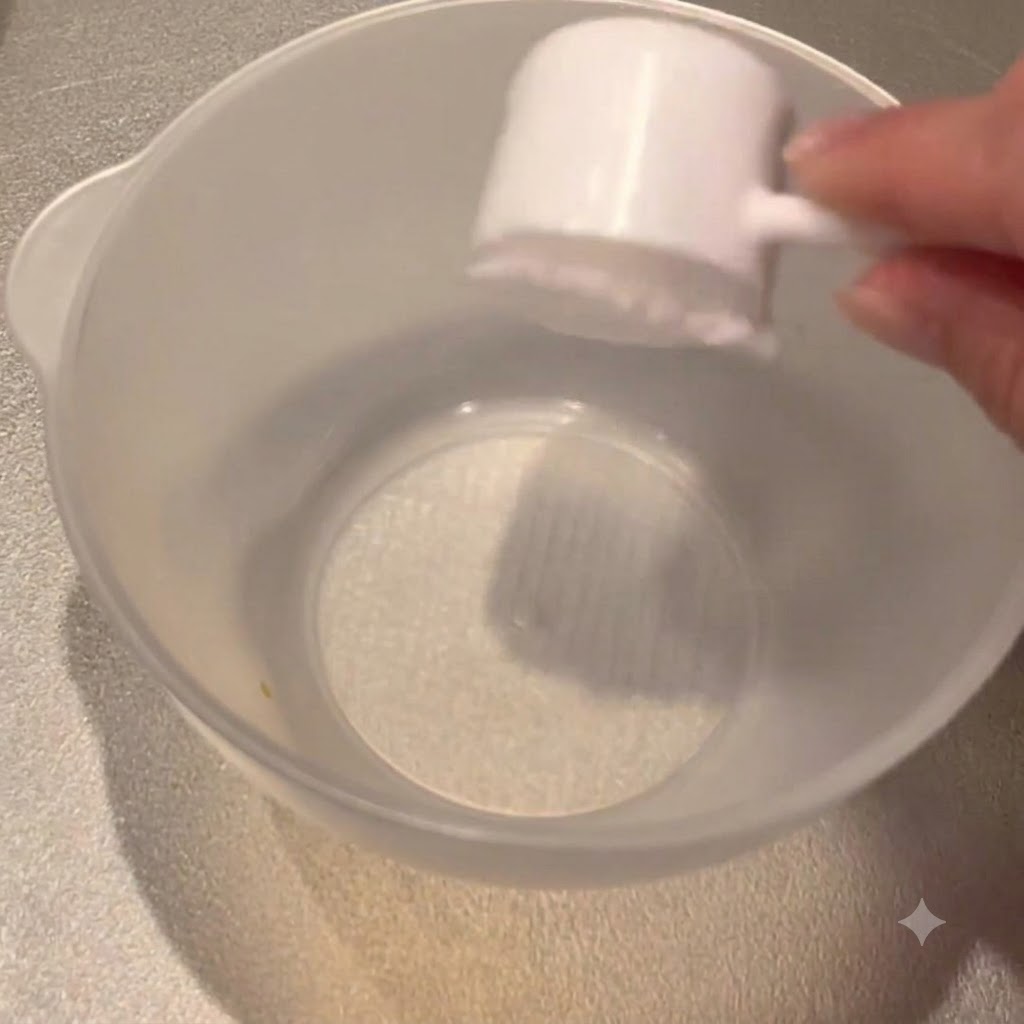 A measuring scoop filled with sugar being added into a clear mixing bowl to prepare the noodle sauce.