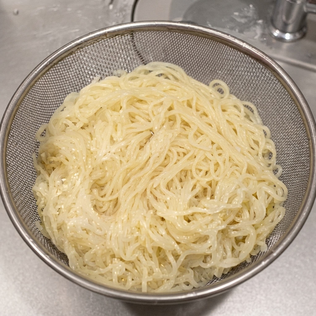 Cooked noodles resting inside a stainless steel mesh strainer after being rinsed under cold water.