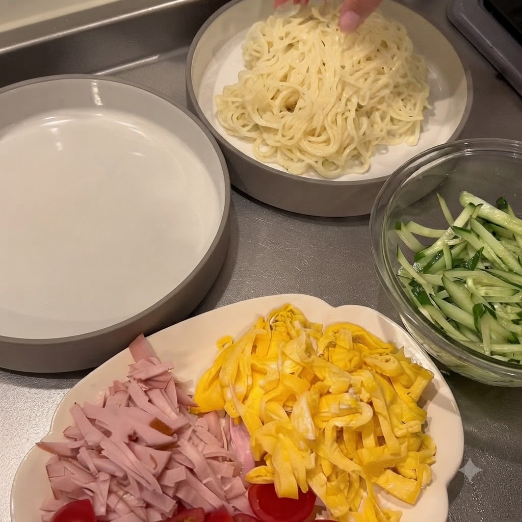 A serving bowl filled with noodles alongside separate plates containing shredded cucumber, ham, and egg strips.