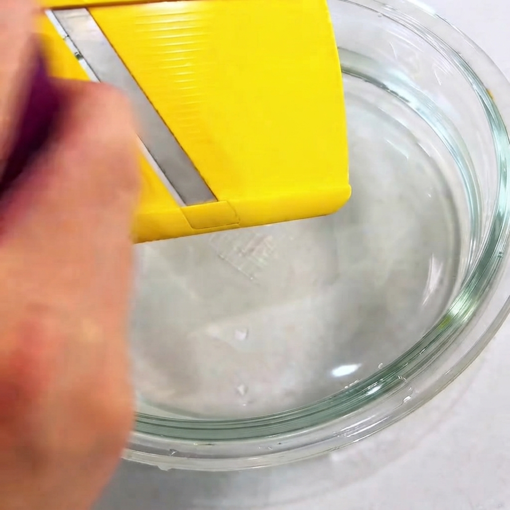 A close-up view of a red onion being shredded with a slicer into a glass bowl of water.