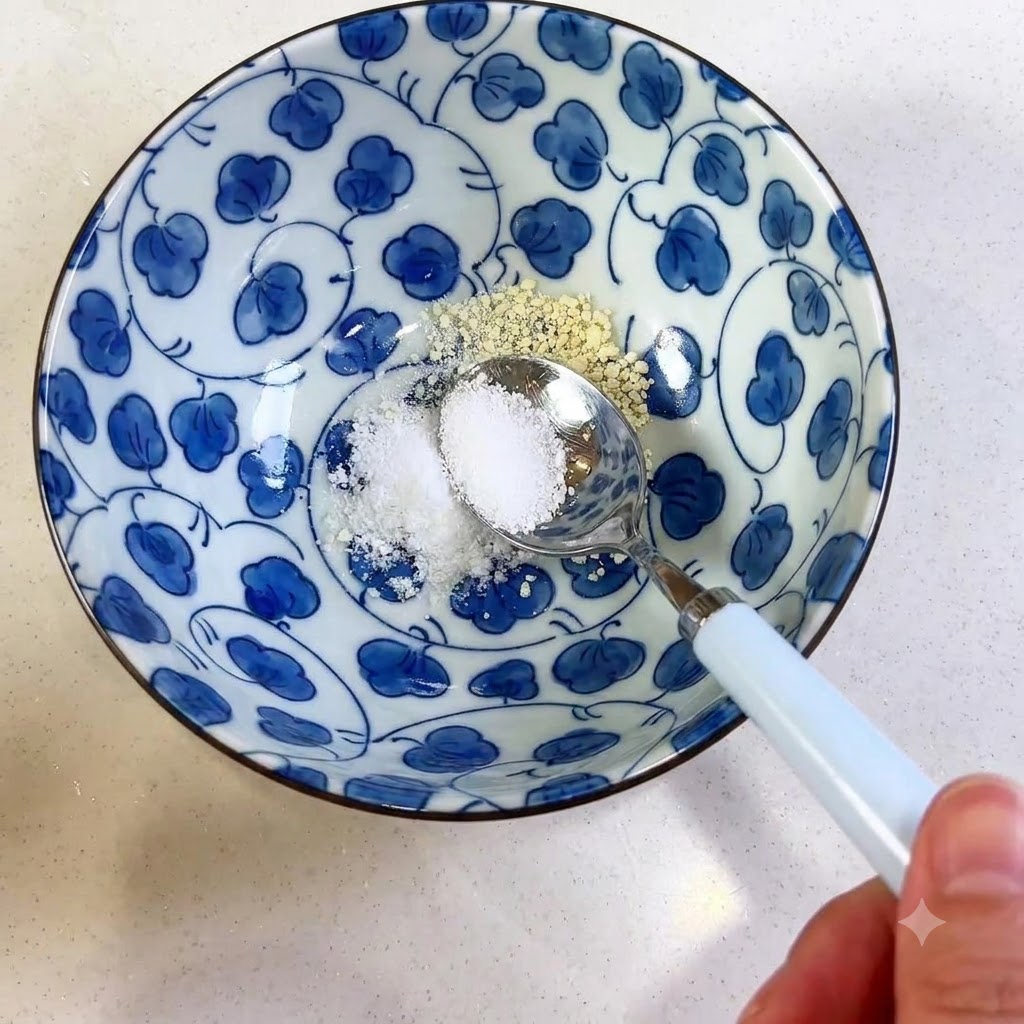 A spoon scooping and measuring seasonings into a decorative blue and white ceramic bowl.