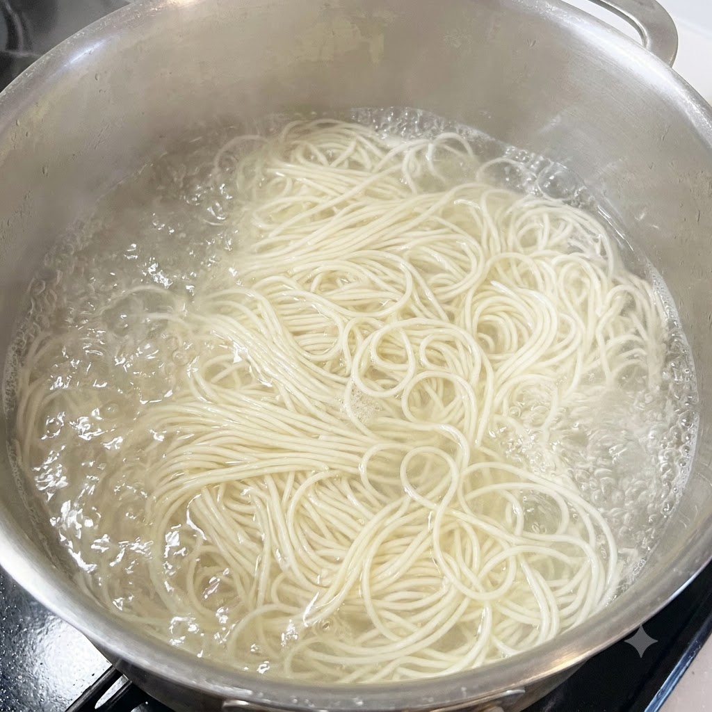 Dry somen noodles cooking and boiling inside a large stainless steel pot.