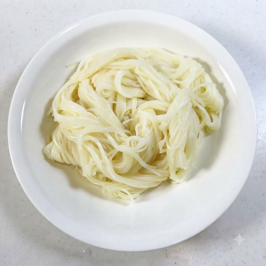 A white serving bowl filled with chilled somen noodles as purple onion shreds are added on top.
