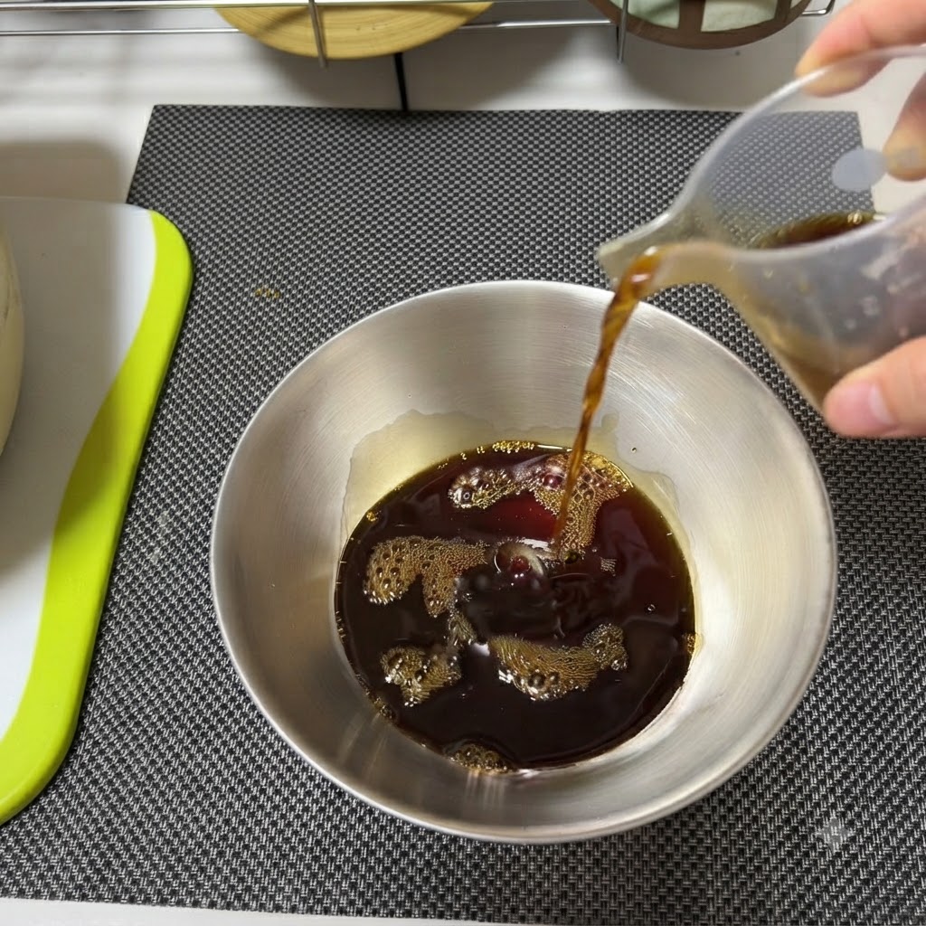 Liquid condiments being poured and mixed in a metal bowl.