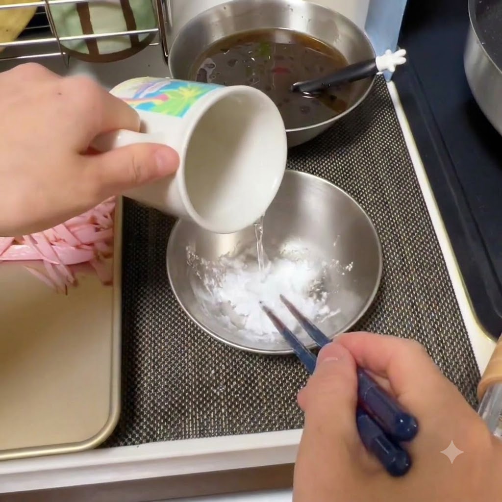 Water being added to starch in a bowl while being stirred with chopsticks.