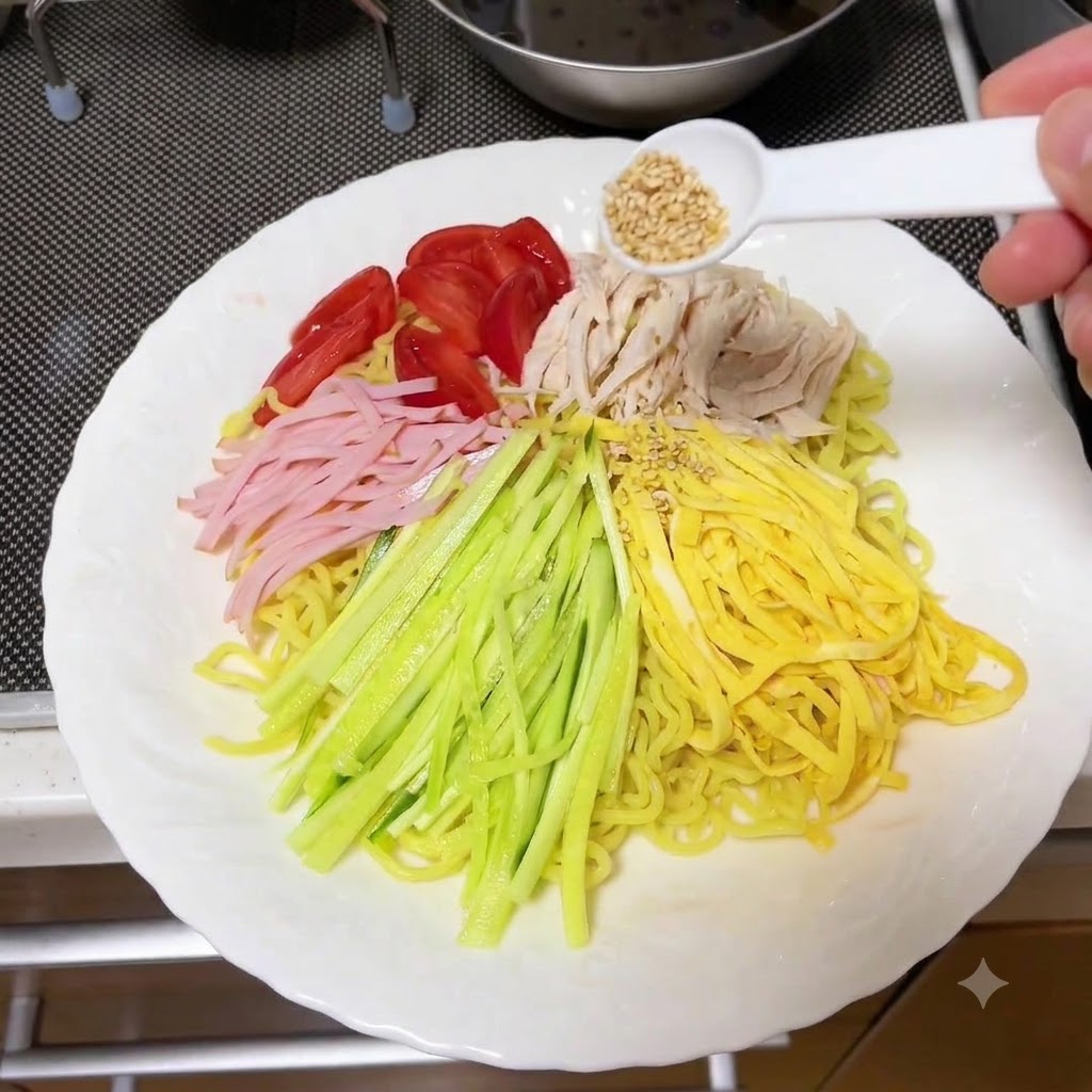 Toppings like cucumber, ham, and tomatoes being garnished with sesame seeds over noodles.