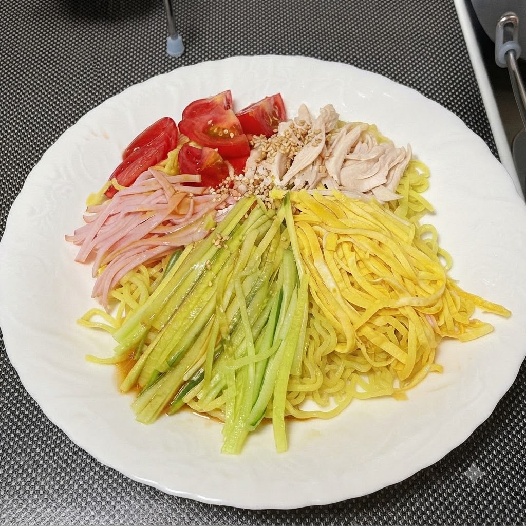 Seasoning juice being poured over the assembled cold noodles and toppings.