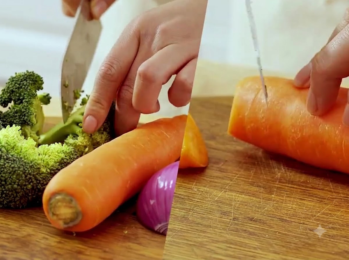 A raw carrot being cut into chunks on a wooden cutting board.