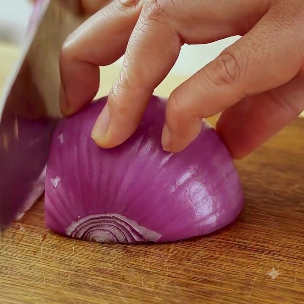 A kitchen knife slicing a raw red onion into thin strips.