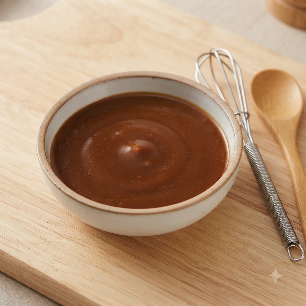 A small bowl containing a smooth, whisked miso and soy sauce mixture next to a mini wire whisk and a wooden spoon.