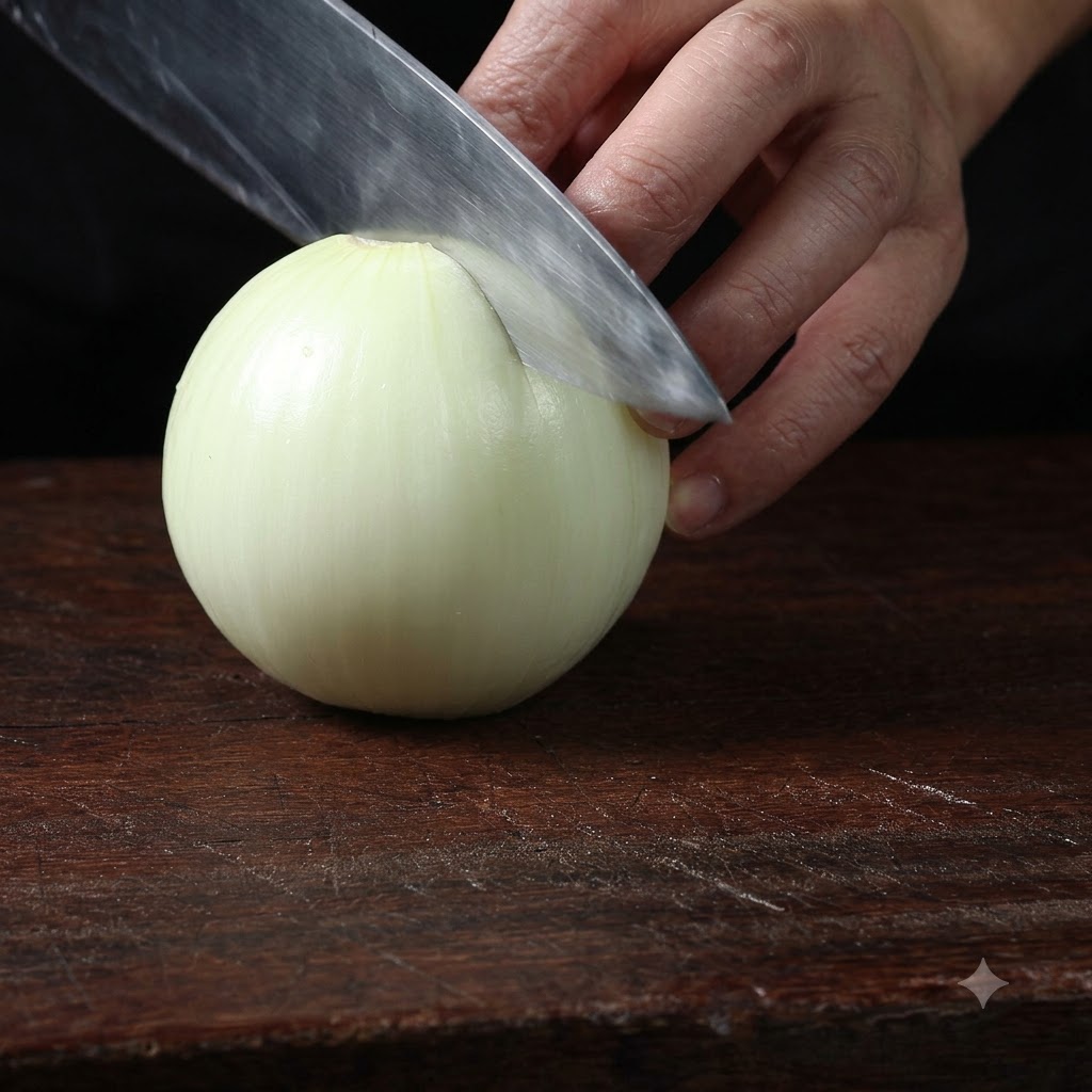 A sharp knife slicing a white onion into thin strips on a dark wooden cutting board.