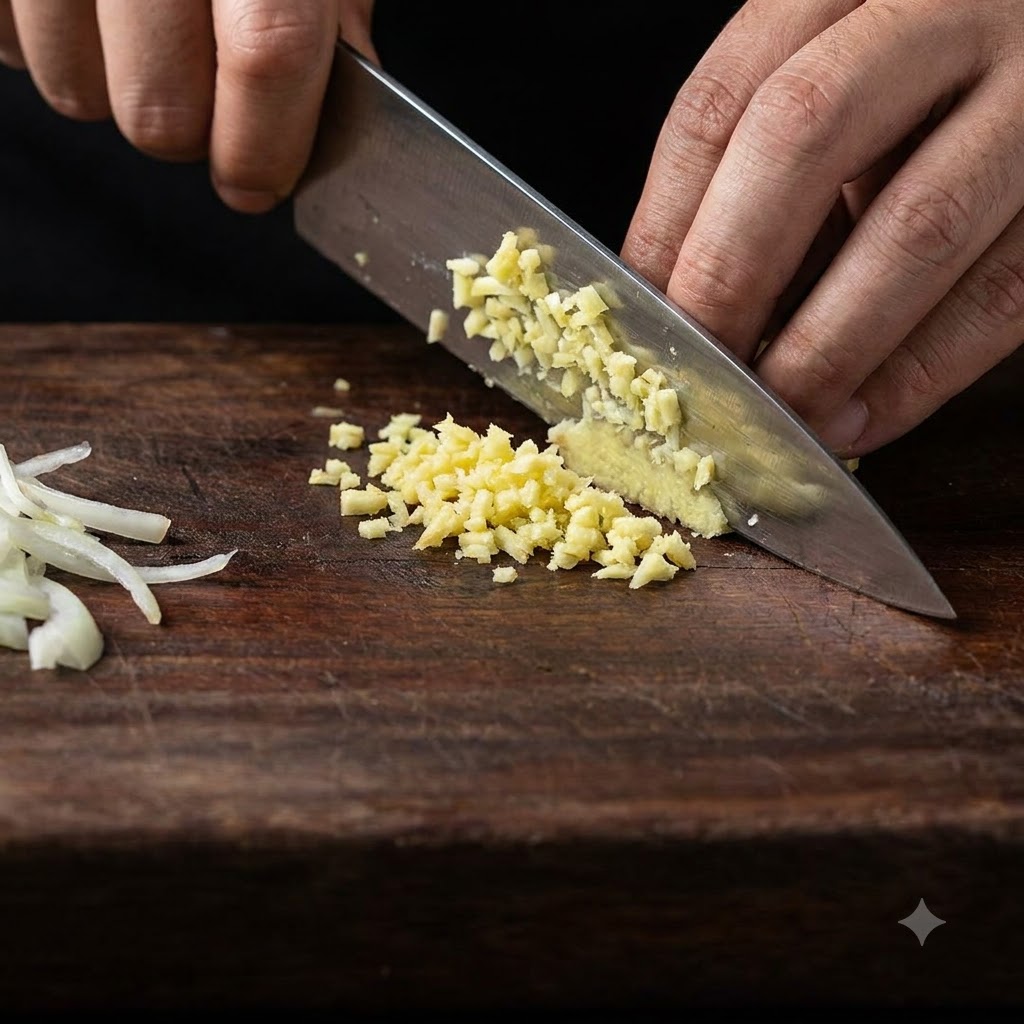A chefs knife mincing fresh ginger into small pieces on a wooden cutting board.