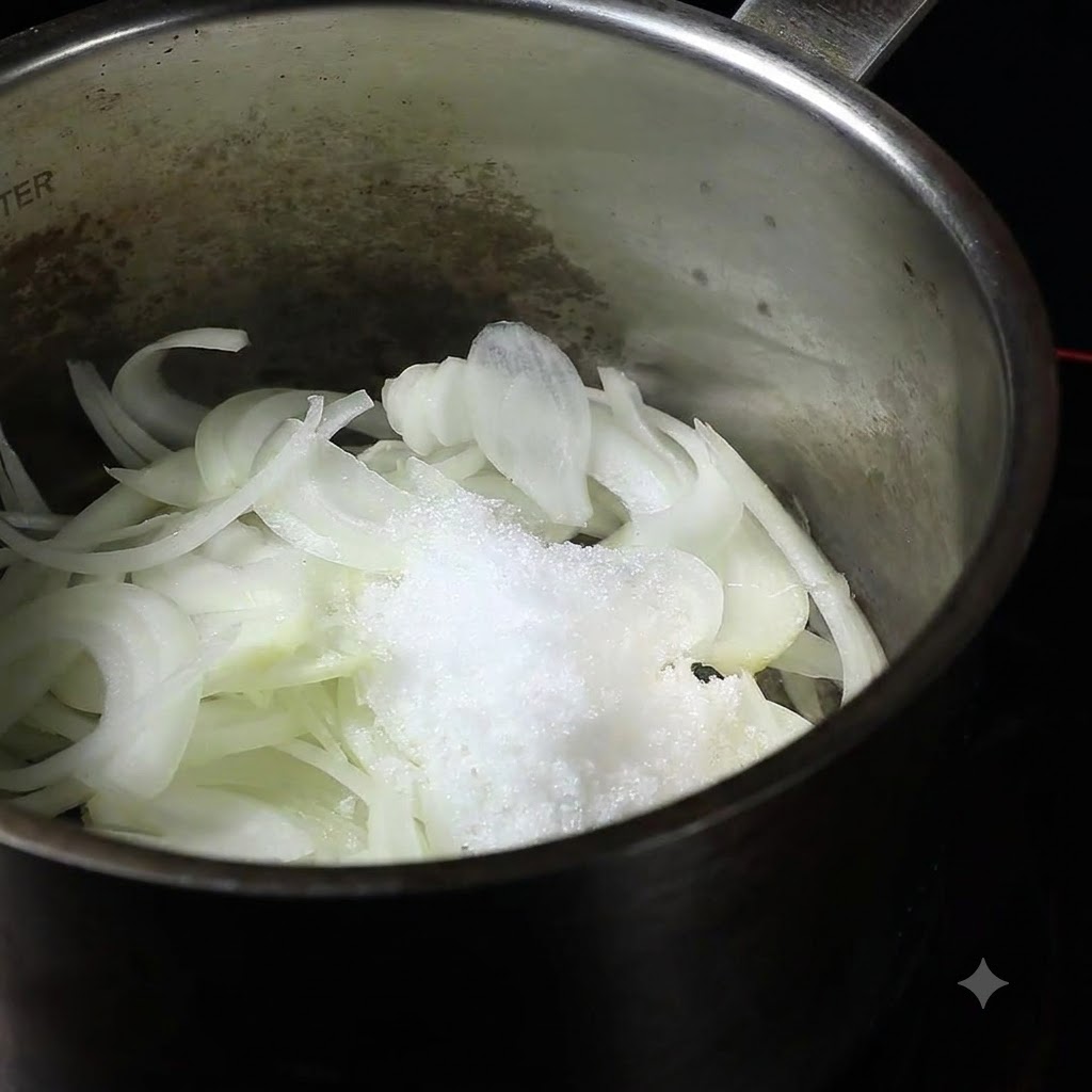 White sugar being poured over sliced onions in a stainless steel pot.