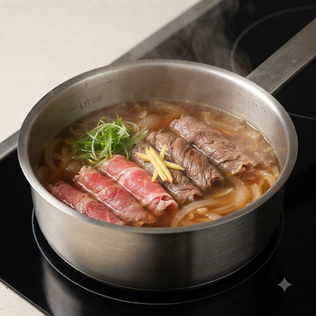 Raw beef slices cooking in a simmering broth mixture with onions and green onion garnishes inside a pot.