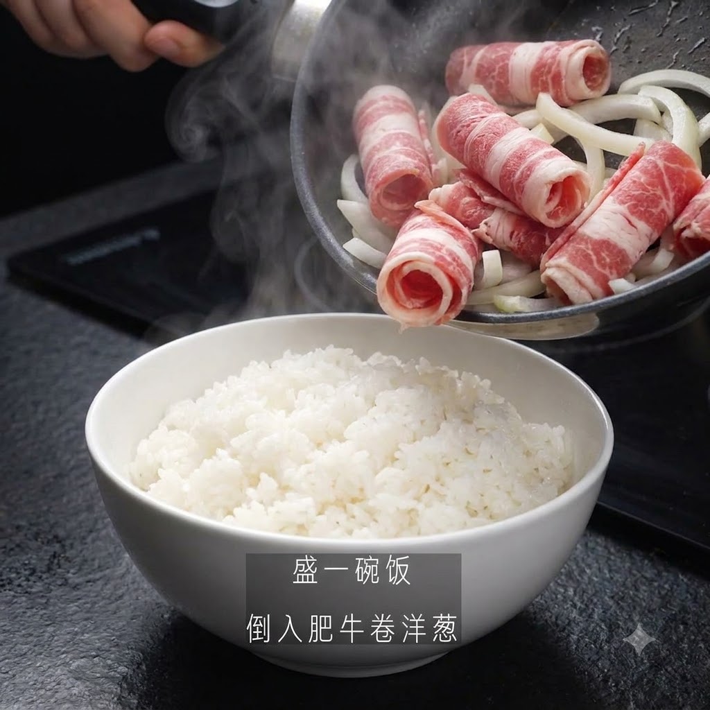 A pan pouring cooked beef and onions over a bowl of white rice.