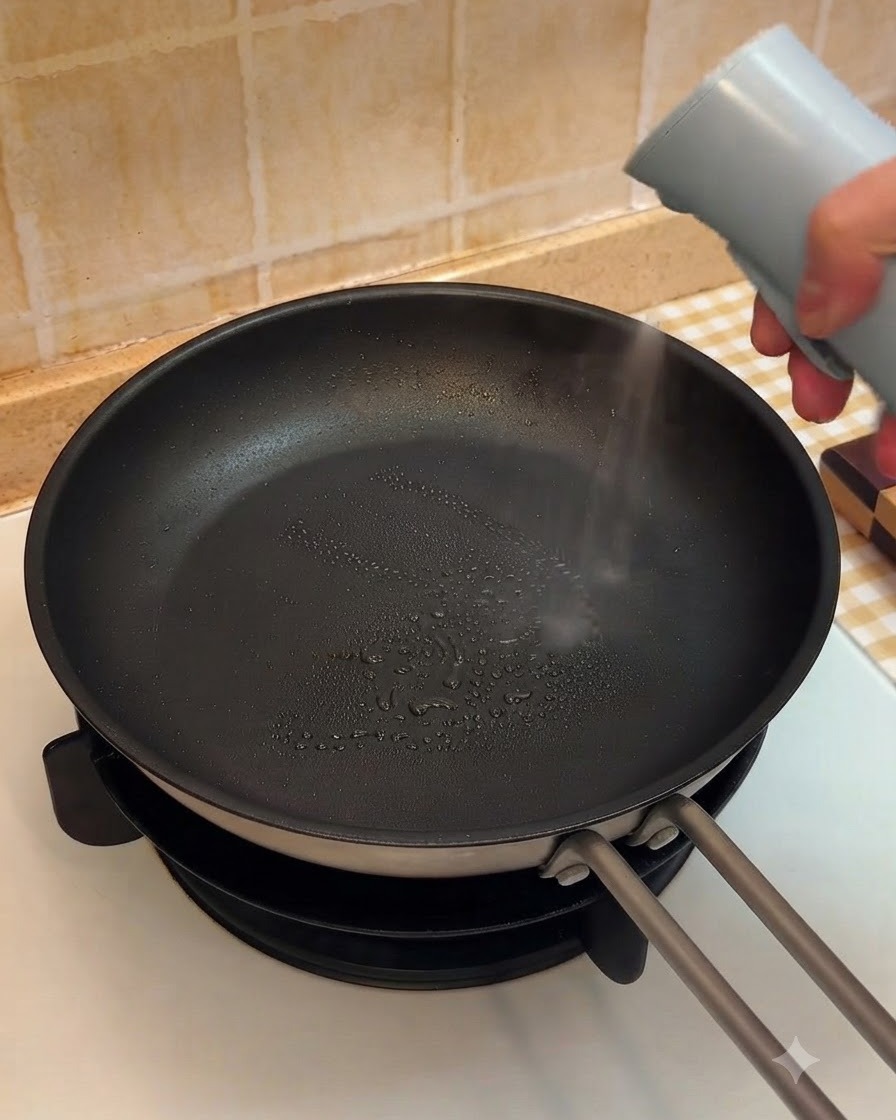 A hot frying pan being lightly oiled with a spray bottle before cooking beef.