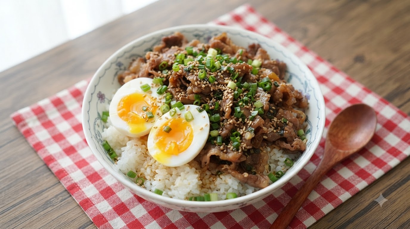 Scallion Beef Rice Bowl with Soft-Boiled Eggs