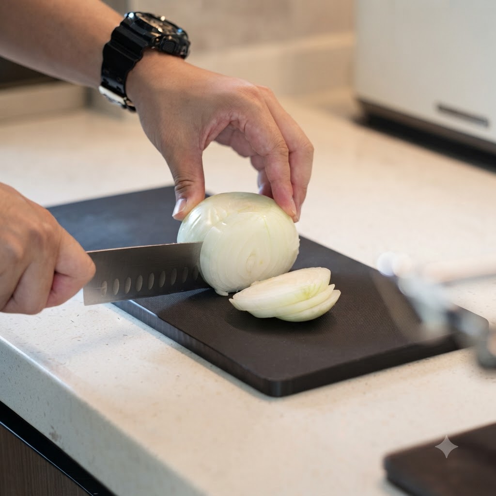A pair of hands slicing a white onion into thin strips on a black cutting board.