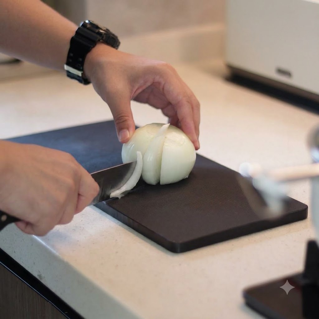 Sliced white onion strips being transferred into a glass bowl on the kitchen counter.