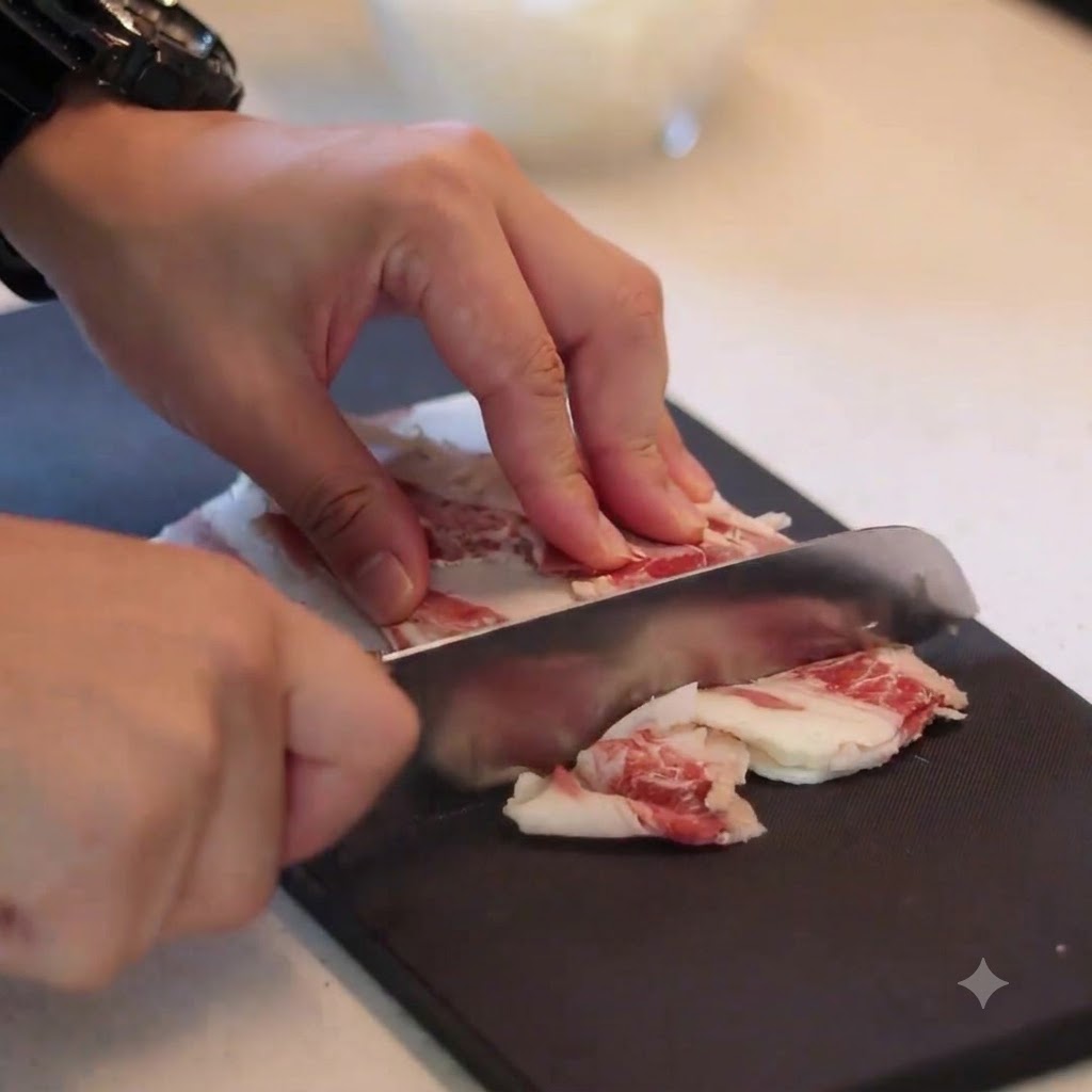 A pair of hands using a sharp kitchen knife to slice strips of marbled beef into smaller pieces on a black cutting board.