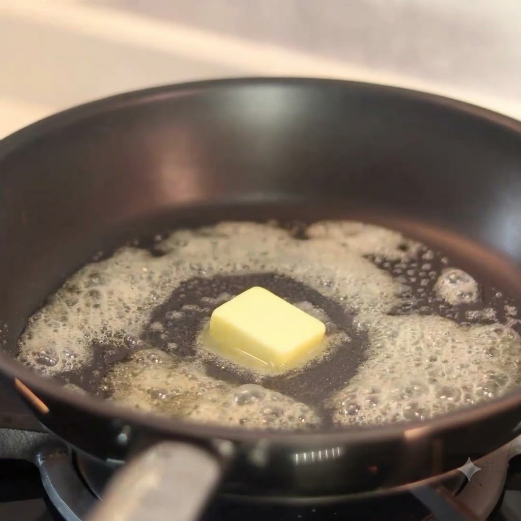 Sliced onions added into the pan with melted butter, beginning to cook over medium heat.