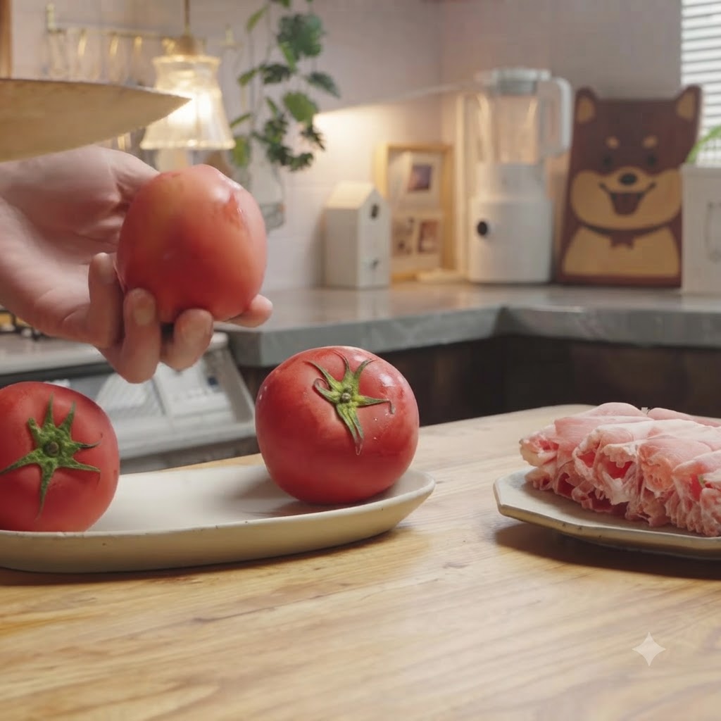 A person making a cross-cut incision on a fresh red tomato on a wooden cutting board.