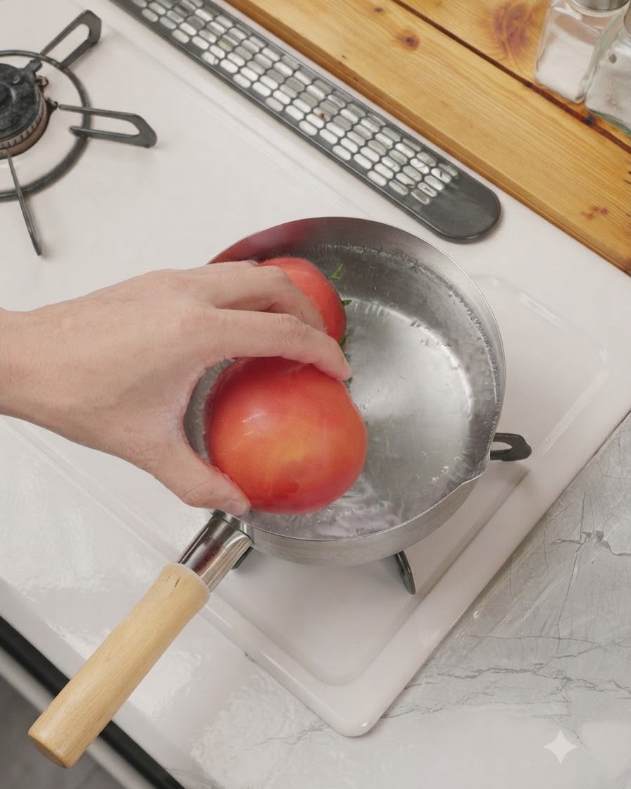 Tomatoes submerged in a small pot of boiling water on a stove.