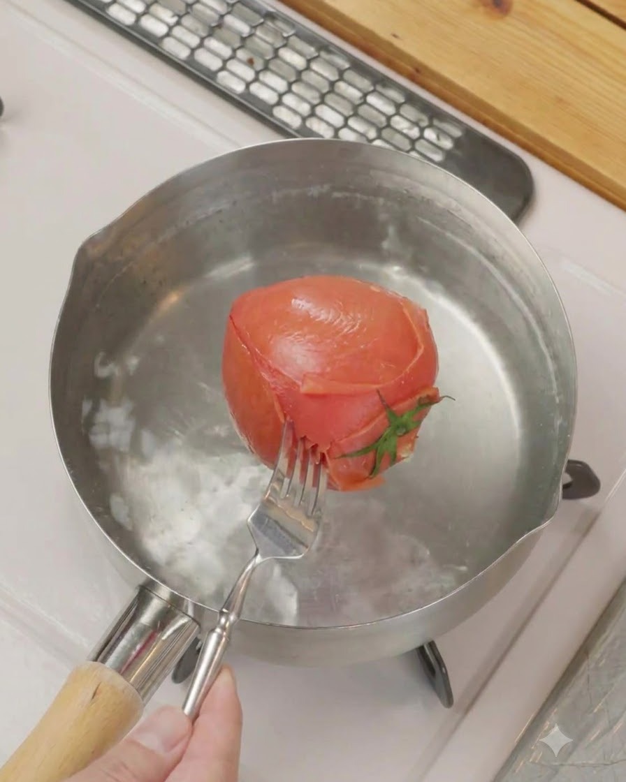 Peeling the outer skin off a hot blanched tomato using a fork.
