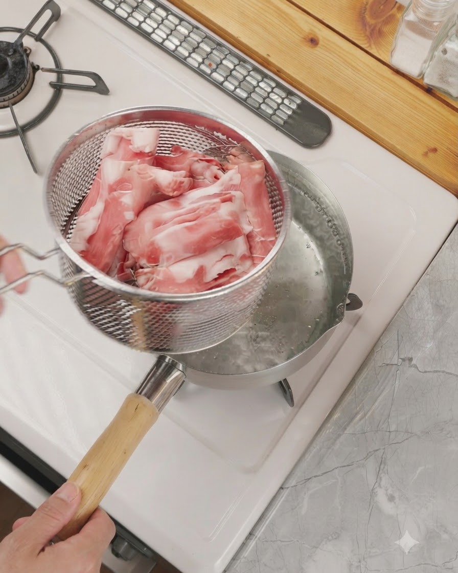 A strainer holding thinly sliced raw beef positioned over a pot of boiling water.