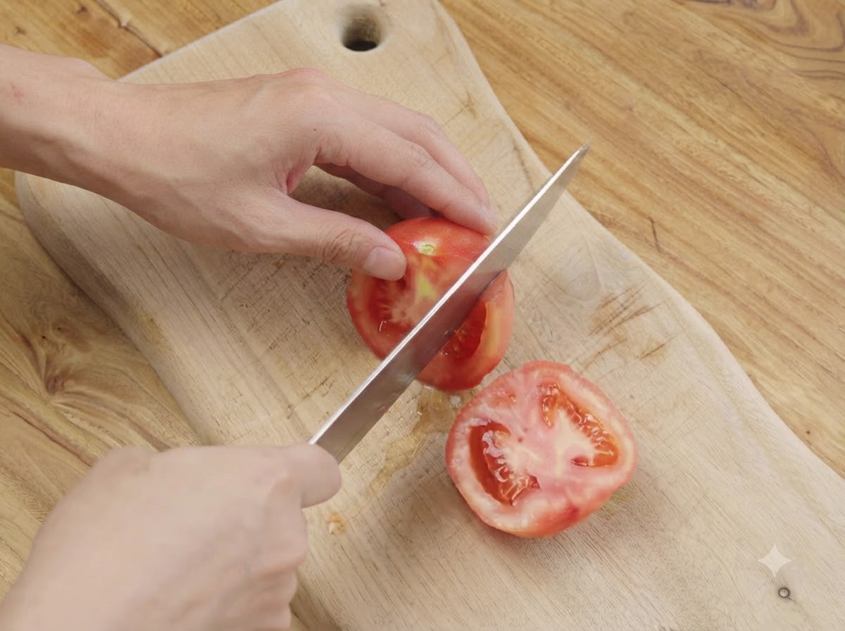 A knife cutting a peeled tomato into halves on a wooden cutting board.