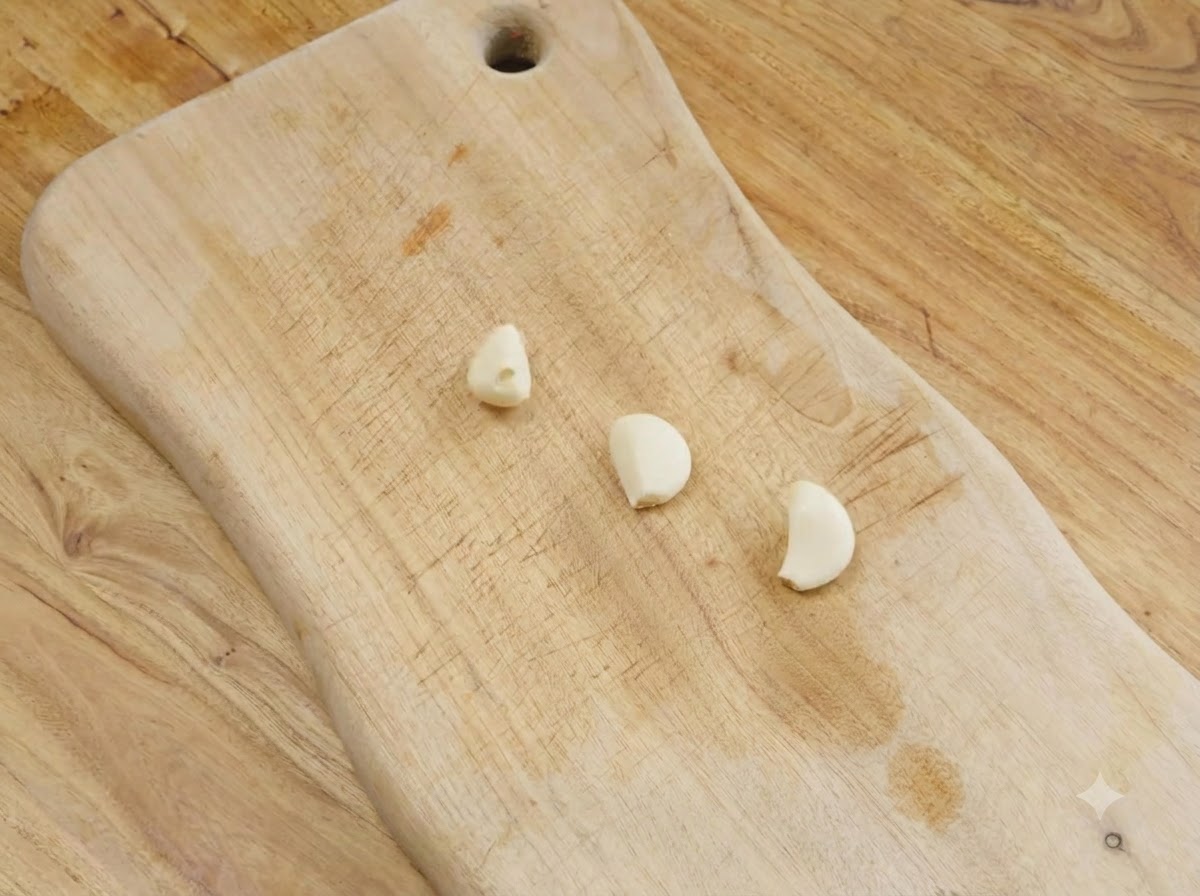 Three peeled garlic cloves resting on a wooden cutting board.
